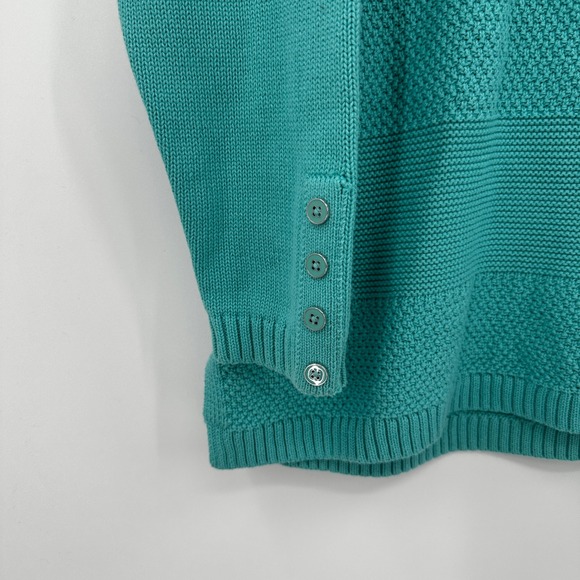 Talbots Womens Sweater 1X Teal Blue Textured Knit Crew Neck Button Sleeve Cotton - Picture 3 of 9